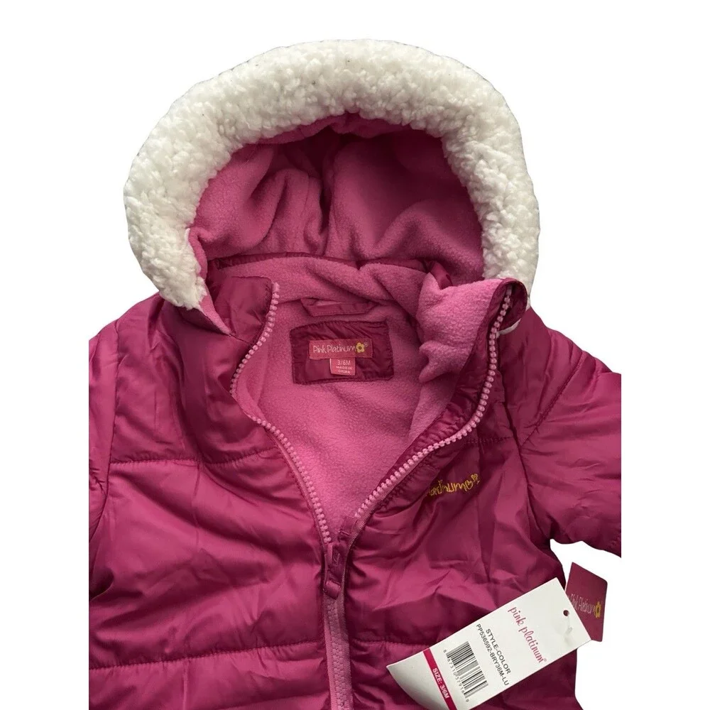 NWT Pink Platinum Baby Girls' One-Piece Puffer Winter Snowsuit with Hood 3-6 Mo - Picture 4 of 5